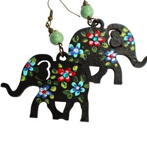 NEW Handmade Painted Black Elephant Earrings with Colorful Flowers Boho Jewelry